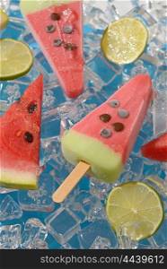 Watermelon, fruit popsicle and lime slices on ice cubes