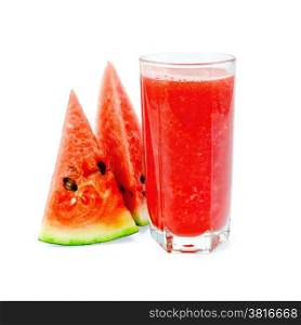 Watermelon juice in a tall glass with two pieces of watermelon isolated on white background