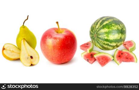 Watermelon, pears and apple isolated on white background. Collage.