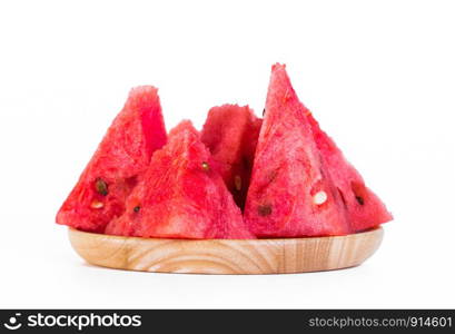 Watermelon red flesh cut into pieces on a white background.