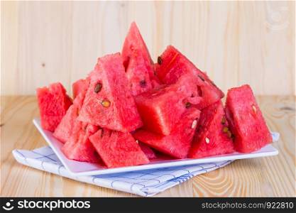 Watermelon red meat slices on a plate.