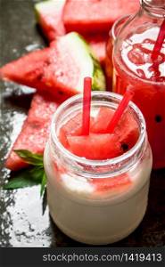 Watermelon smoothie with mint. On the stone table.. Watermelon smoothie with mint.
