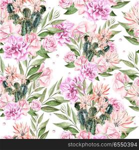 WaterN?olor pattern with cactus and flowers. Illustration. WaterN?olor pattern with cactus and flowers. . WaterN?olor pattern with cactus and flowers. Illustration