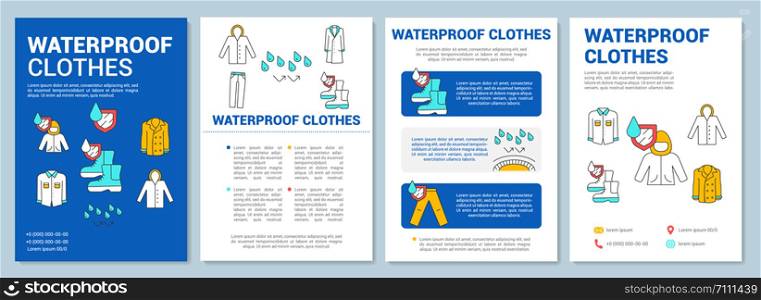 Waterproof clothes, footwear brochure template layout. Flyer, booklet, leaflet print design with linear illustrations. Vector page layouts for magazines, annual reports, advertising posters