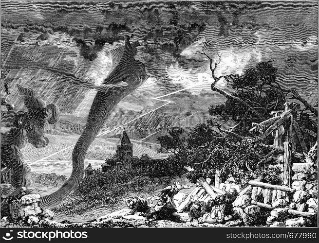 Waterspout around Loudon, vintage engraved illustration. From the Universe and Humanity, 1910.