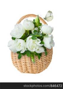 Wattled basket of natural wicker with bouquet of fragrant flowers of white dog-roses and white butterfly, isolated on a white background