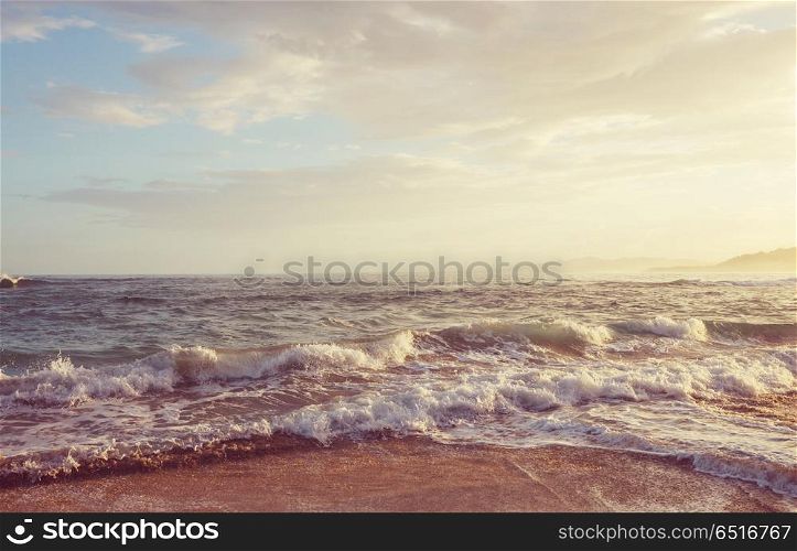 Wave. Blue wave on the beach. Blur background and sunlight spots. Peaceful natural background.