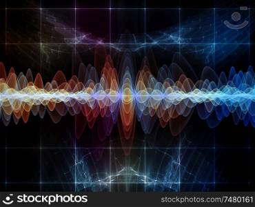 Wave Function series. Backdrop composed of colored sine vibrations, light and fractal elements for use in the projects on sound equalizer, music spectrum and quantum probability