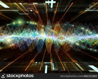 Wave Function series. Composition of colored sine vibrations, light and fractal elements with metaphorical relationship to sound equalizer, music spectrum and quantum probability
