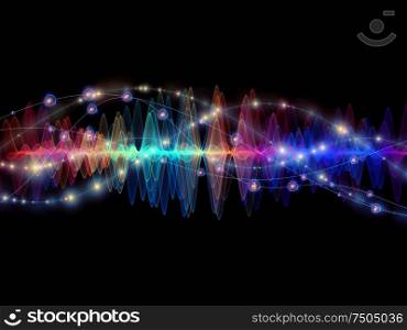 Wave Function series. Creative arrangement of colored sine vibrations, light and fractal elements as a concept metaphor on subject of sound equalizer, music spectrum and quantum probability