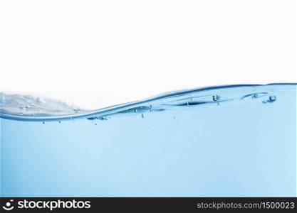 Wave of blue water splash with air bubbles isolated on the white background.