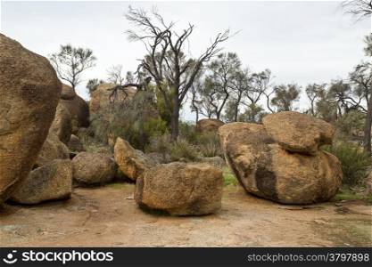 Wave Rock, granite boulders laying on top of the Wave Rock monolith near Hyden in Western Australia