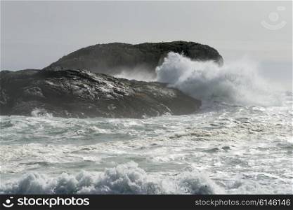 Wave splashing on rocky coast, Pacific Rim National Park Reserve, Tofino, Vancouver Island, British Columbia, Canada