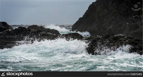 Waves breaking on the coast, Skeena-Queen Charlotte Regional District, Haida Gwaii, Graham Island, British Columbia, Canada