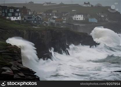 waves crash against the cliffs of a stormy coastline, while people and homes flood, created with generative ai. waves crash against the cliffs of a stormy coastline, while people and homes flood