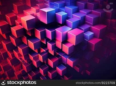 Waves from red violet and blue cubes or boxes array illustration. Ai genrative.