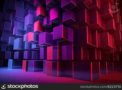 Waves from red violet and blue cubes or boxes array illustration. Ai genrative.