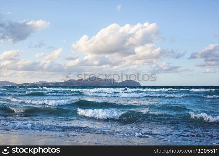 Waves on beach of Can Picafort, Mallorca, Balearic Islands, Spain