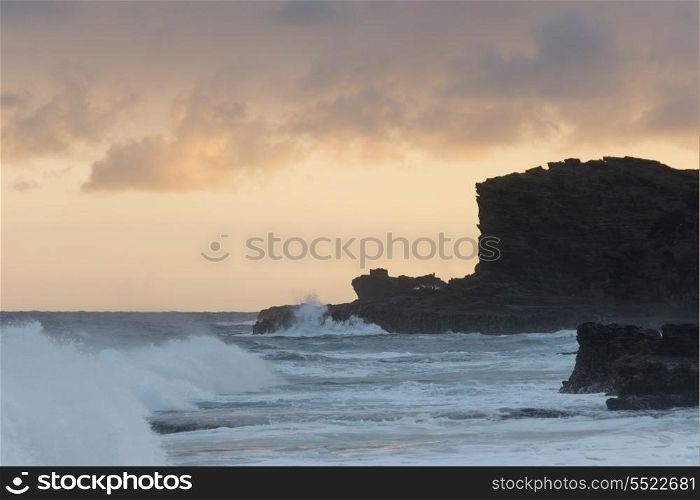 Waves on the beach at sunset, Sandy Beach, Hawaii Kai, Honolulu, Oahu, Hawaii, USA