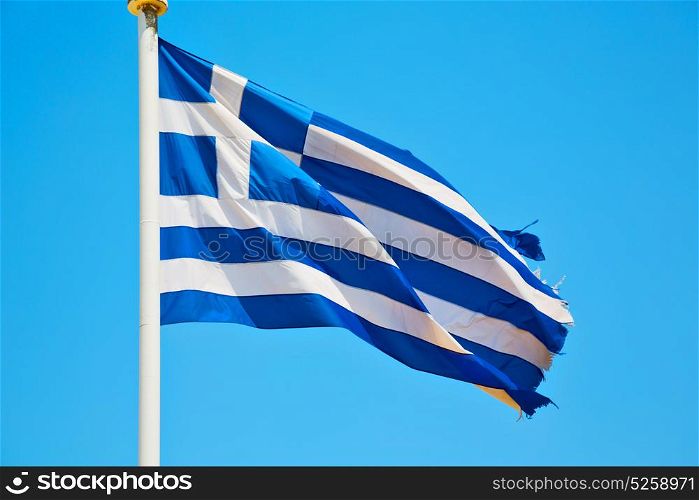 waving greece flag in the blue sky and flagpole