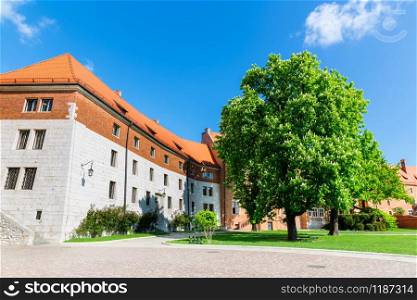 Wawel castle yard, nobody, Krakow, Poland. European town with ancient architecture buildings, famous place for travel and tourism