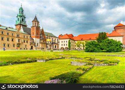 Wawel Cathedral in Krakow, Poland. Green lawn against the castle