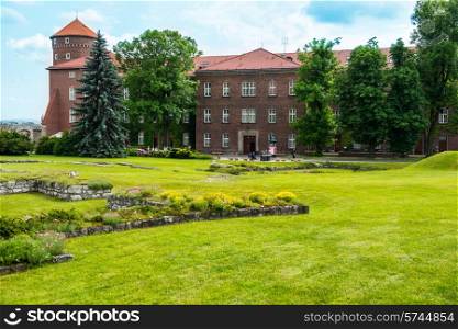 Wawel Cathedral in Krakow, Poland. Green lawn agaist the castle