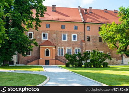 Wawel Cathedral in Krakow, Poland. Green lawn agaist the castle