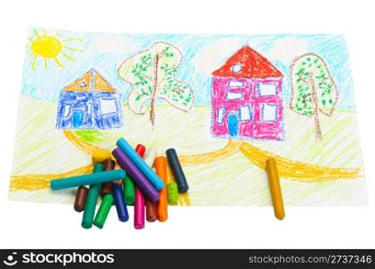 Wax crayons and made their children&rsquo;s drawing on a white background, isolated.
