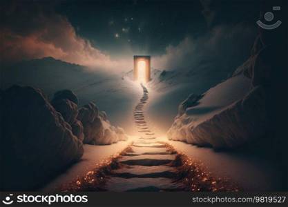 Way path to heaven with light glow. Illustration AI Generative