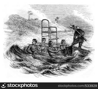 Way to land at the Ciara, The Paviola, vintage engraved illustration. Magasin Pittoresque 1855.