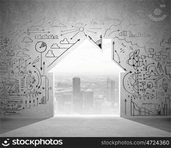 Way to success. Business plan sketch on wall with key hole