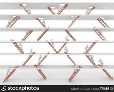Way up. People and ladders on white isolated background. 3d