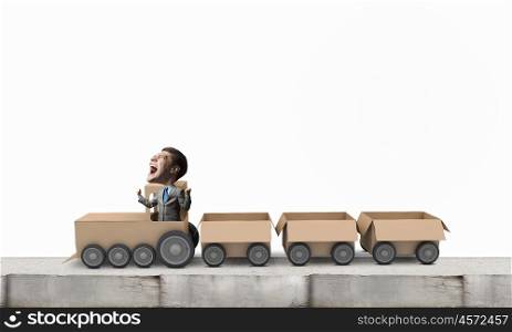 We deliver fast. Funny image of businessman riding in carton train