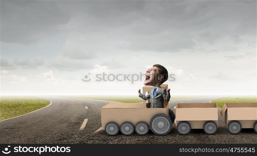 We deliver fast. Funny image of businessman riding in carton train