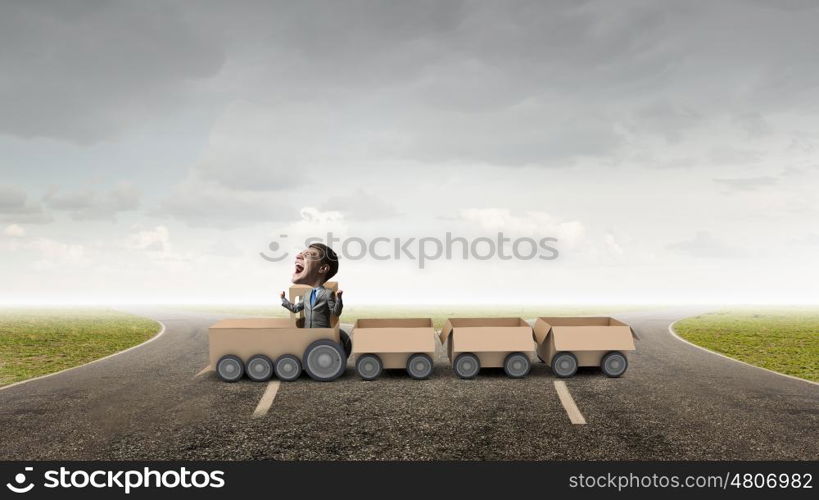 We deliver fast. Funny image of businessman riding in carton train