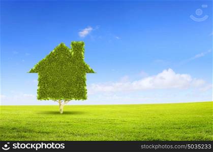 We love our planet. Conceptual image of green plant shaped like house