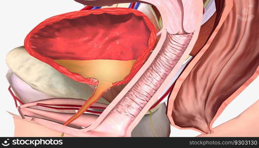 Weakened urethra and surrounding support structures allow urine to leak out of bladder 3D rendering. Weakened urethra and surrounding support structures allow urine to leak out of bladder