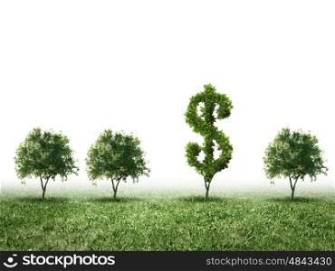 Wealth concept. Conceptual image of green plant shaped like dollar symbol