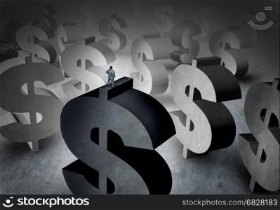Wealth planning concept and money management symbol as a person standing on dollar signs looking at a background of future profit opportunity with 3D illustration elements.