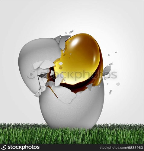 Wealth potential financial concept as a golden egg emerging out of an ordinary one as a business success metaphor for emerging markets or hidden money and tax shelter symbol with 3D illustration elements.