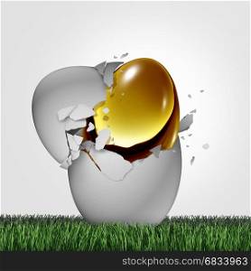 Wealth potential financial concept as a golden egg emerging out of an ordinary one as a business success metaphor for emerging markets or hidden money and tax shelter symbol with 3D illustration elements.