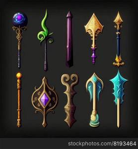 weapon game magic walk stick ai generated. gem healer, scepter wooden, witch battle weapon game magic walk stick illustration. weapon game magic walk stick ai generated