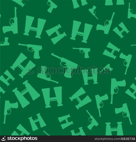 Weapon Seamless Pattern. Pistols and Binoculars. Weapon Random Seamless Pattern on Green Background. Military Texture with Silhouettes of a Pistols and Binoculars