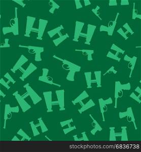 Weapon Seamless Pattern. Pistols and Binoculars. Weapon Random Seamless Pattern on Green Background. Military Texture with Silhouettes of a Pistols and Binoculars