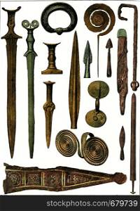 Weapons and ornaments of bronze and iron, vintage engraved illustration. From the Universe and Humanity, 1910.
