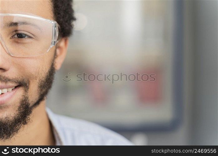 wearing protective goggles with copy space
