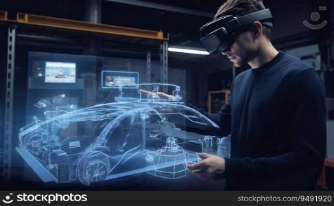 Wearing VR Headset Automotive Engineer Working on Electric Car Prototype using gestures