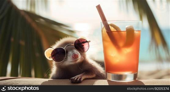 weasel is on summer vacation at seaside resort and relaxing on summer beach