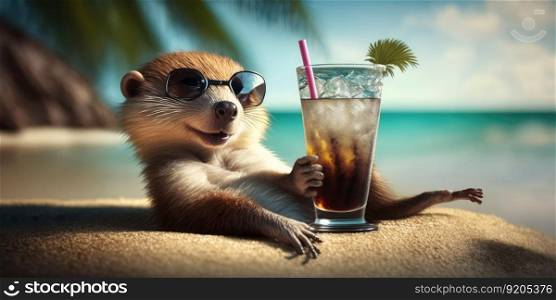 weasel is on summer vacation at seaside resort and relaxing on summer beach